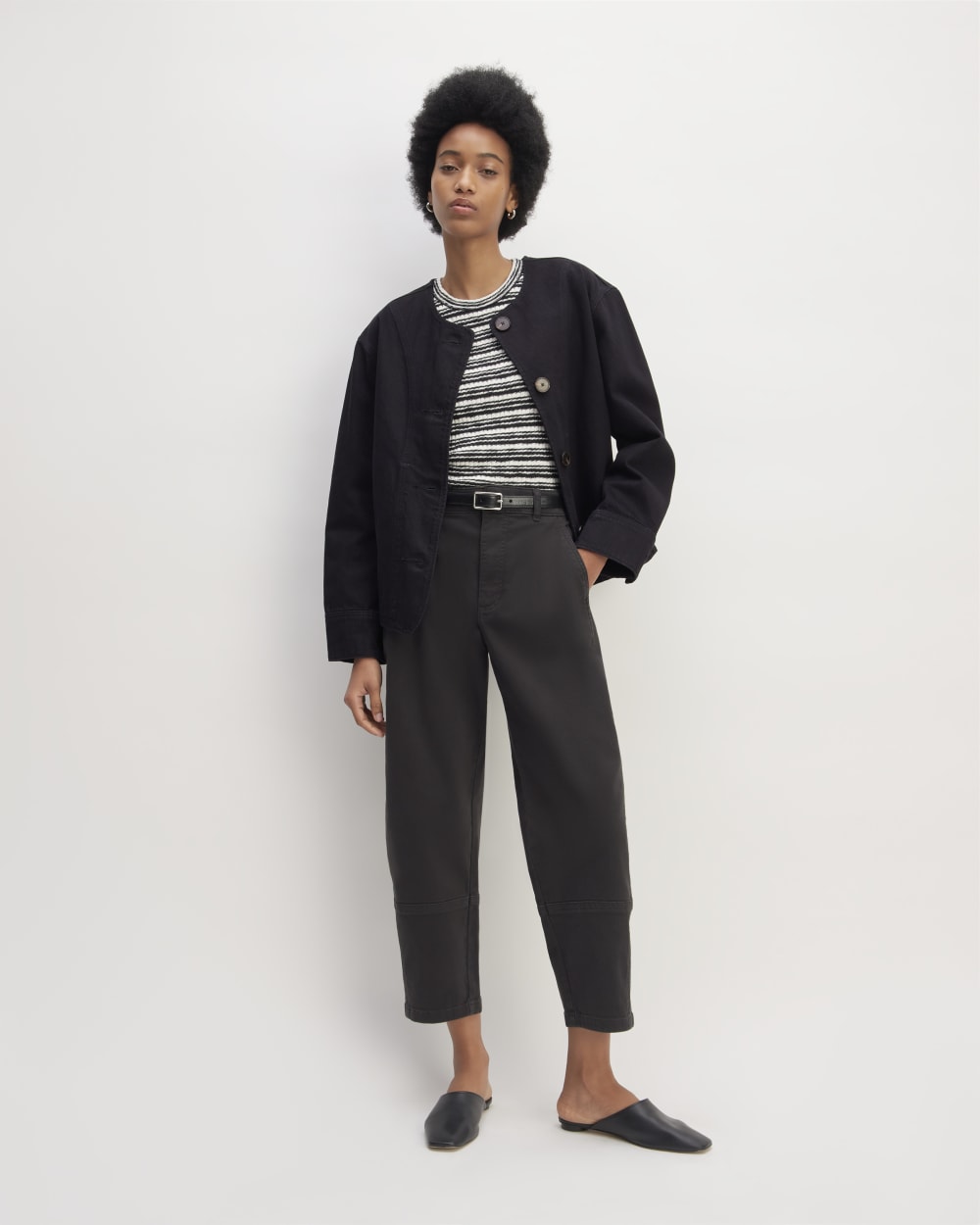 The Denim Barrel Jacket in Black — detail view