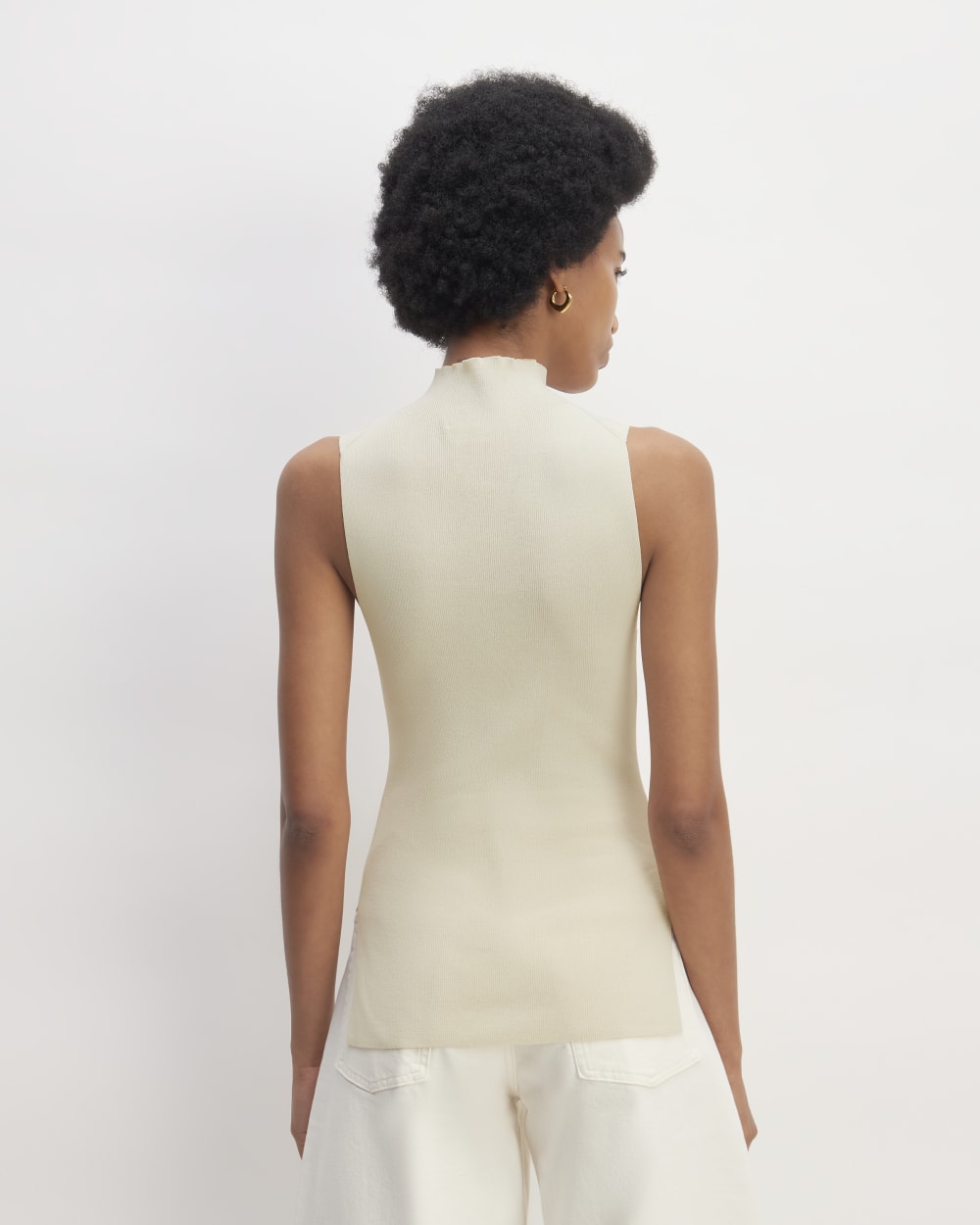 The Viscose Mock Neck Top in Beige — detail view