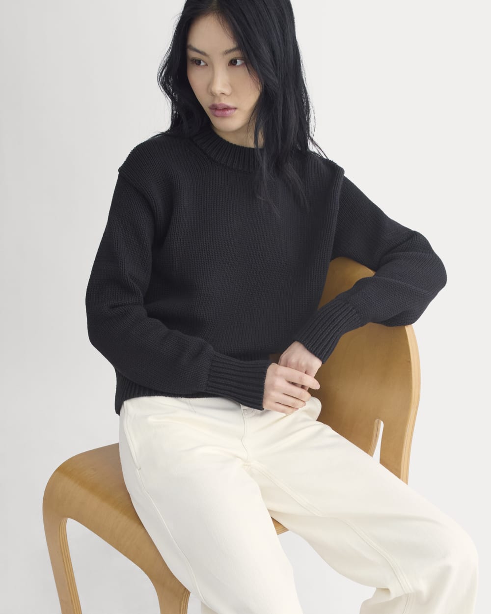 Oversized Cocoon Crew in Elevated Cotton in Black — front view