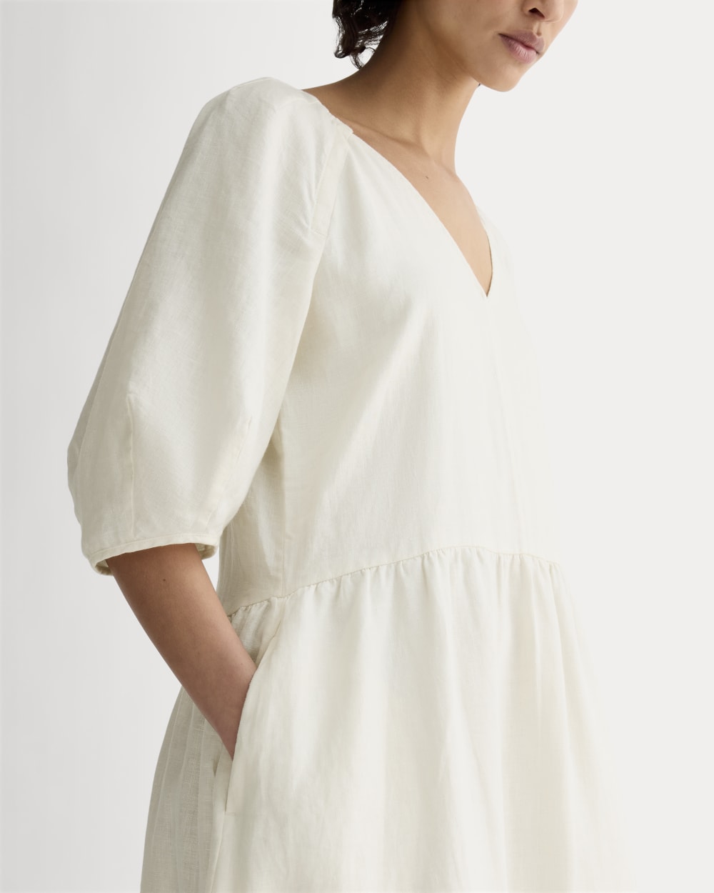 The Linen Oversized Puff-Sleeve Dress in Bone — detail view