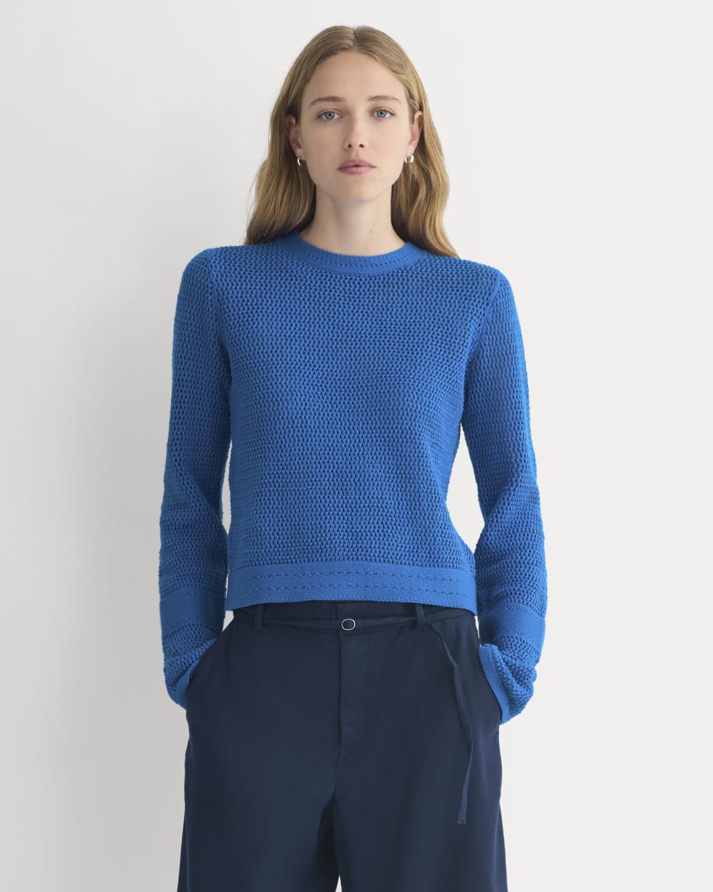 Open Knit Long-Sleeve Crew in Everyday Cotton in Imperial Blue — front view