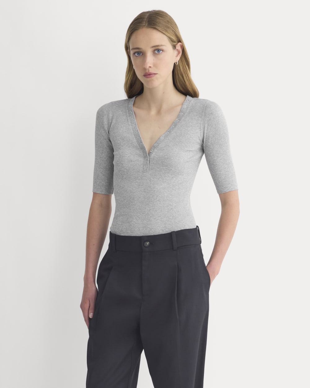 Luxe Rib V-Neck Henley in Heathered Light Grey — front view