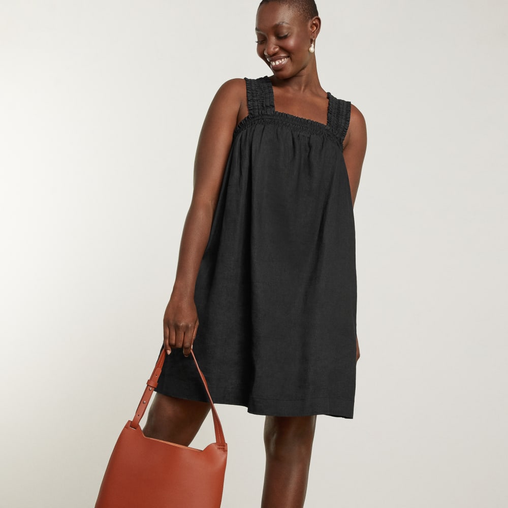 The Smocked Linen Dress in Black — detail view