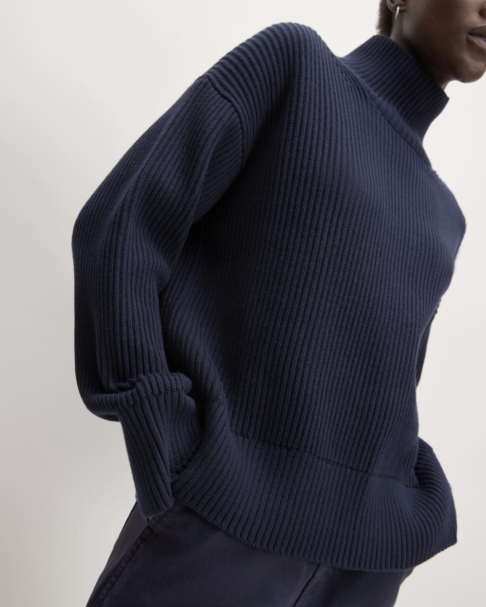 The Organic Cotton Ribbed Turtleneck in Navy — detail view
