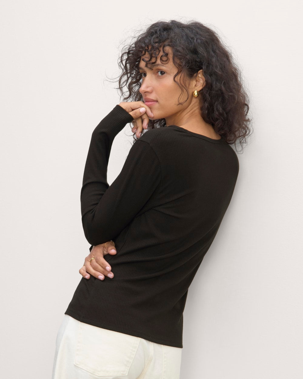 The Shimmy Long-Sleeve Tee in Black — detail view
