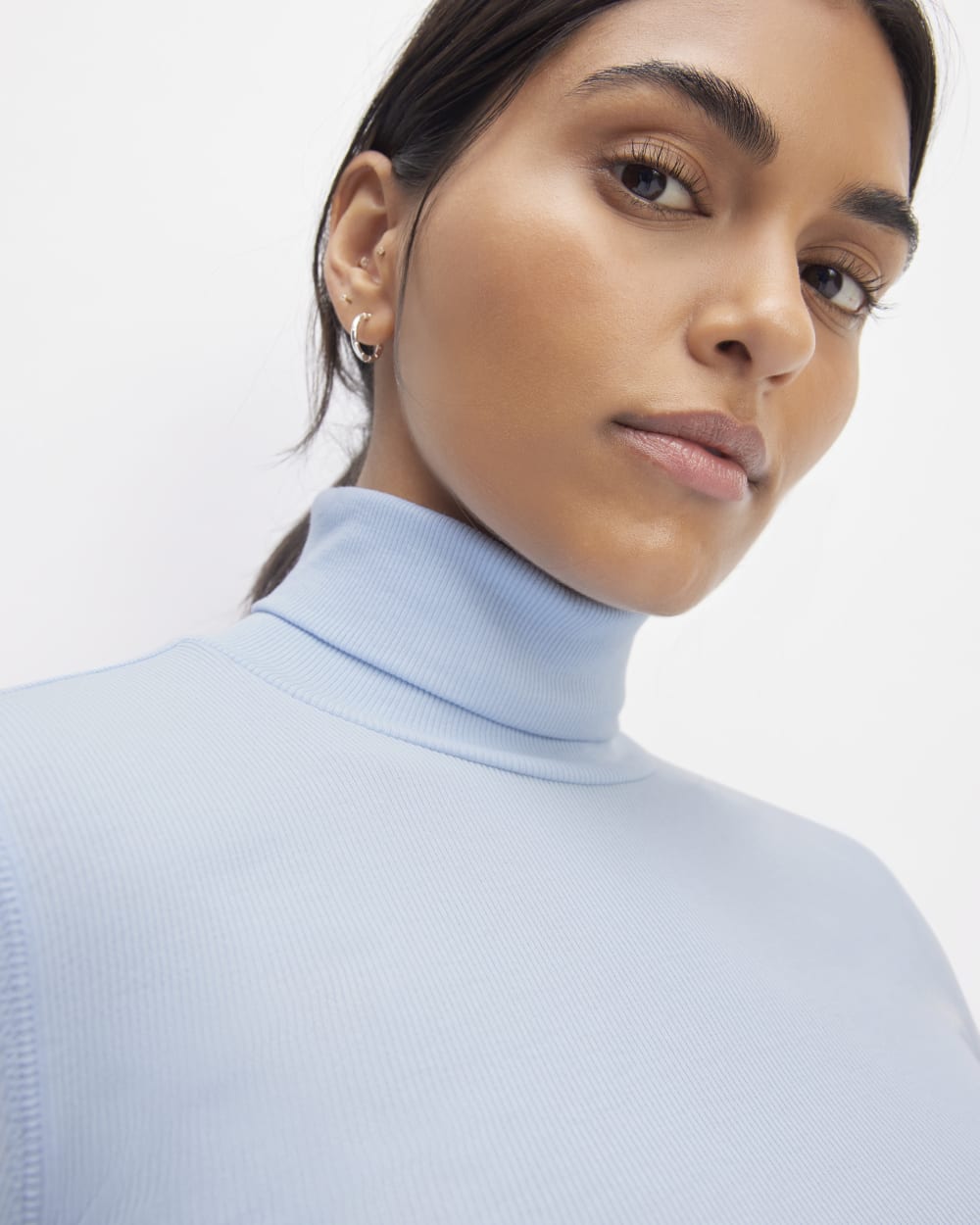 The Luxe Rib Turtleneck in Chambray Blue — detail view