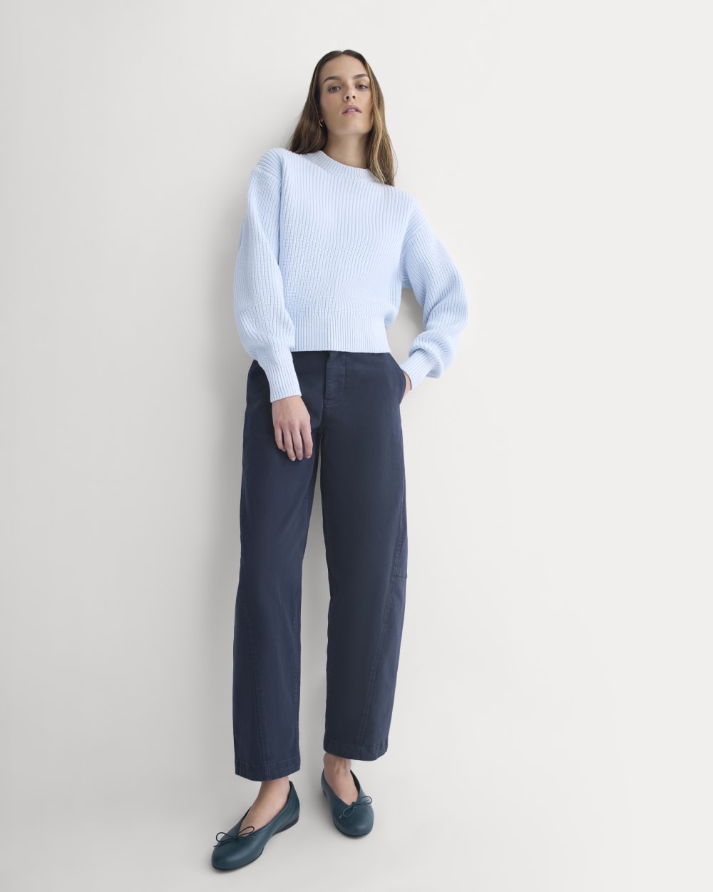 Twisted Seam Barrel Pant in Navy — detail view