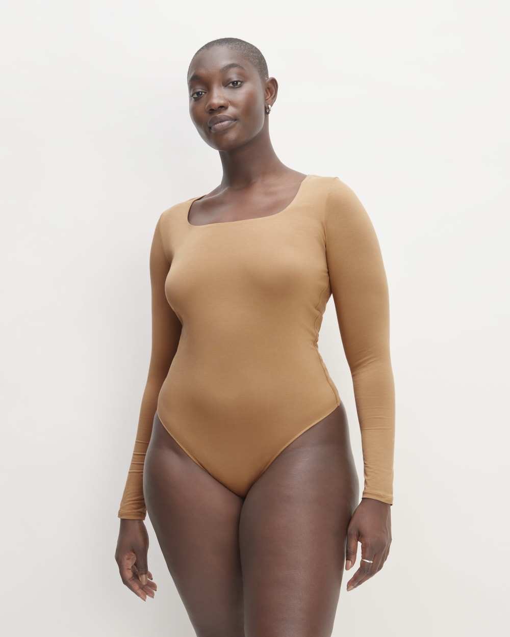 The Long-Sleeve Supima® Square-Neck Bodysuit in Tawny Brown — detail view