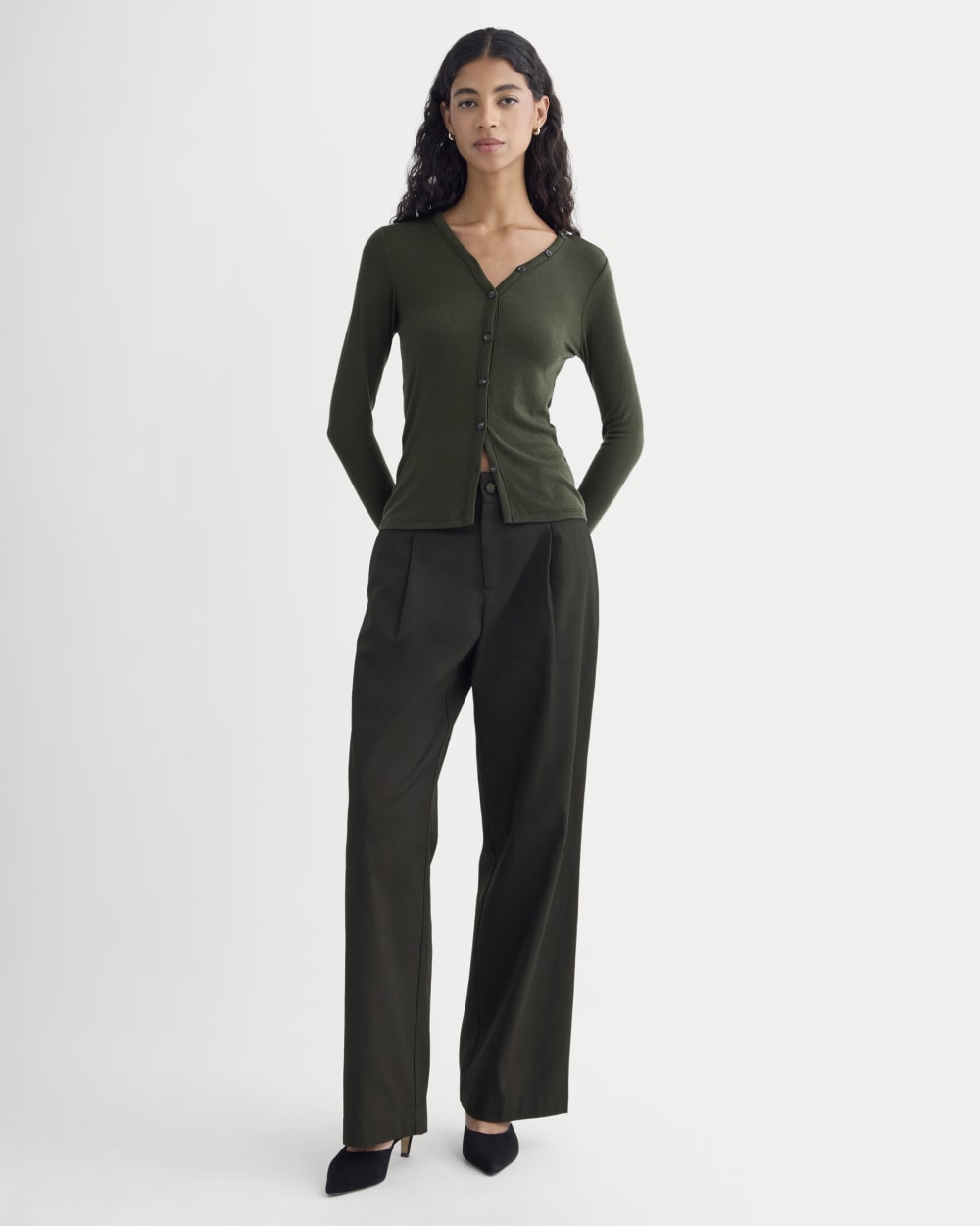 Sheer V-Neck Cardigan in Butterluxe in Dark Green — detail view