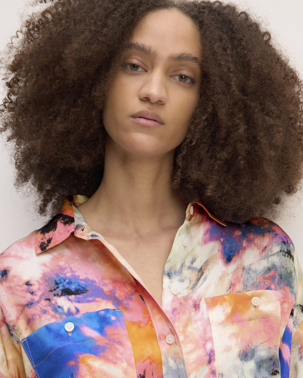 The Everlane x Marques' Almeida Satin Tie-Dye Shirt in Multi Tie-Dye — detail view