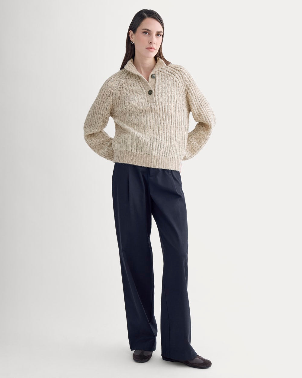 Funnel-Neck Ribbed Henley Sweater in Heathered Almond / Bone Vertical Stripe — detail view