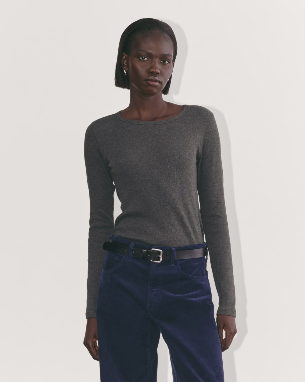 The Luxe Rib Long-Sleeve Crew in Heathered Soot — front view