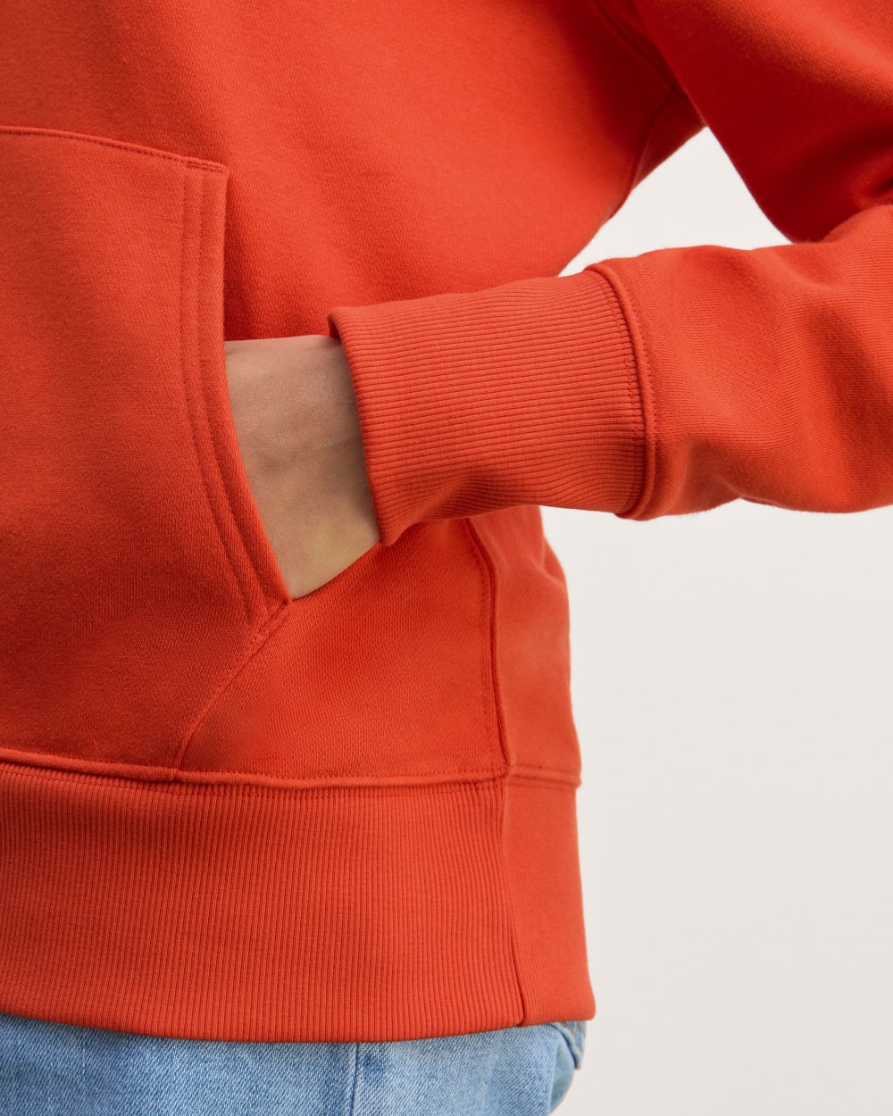 The Off-Duty Terry Hoodie in Poppy Red — detail view