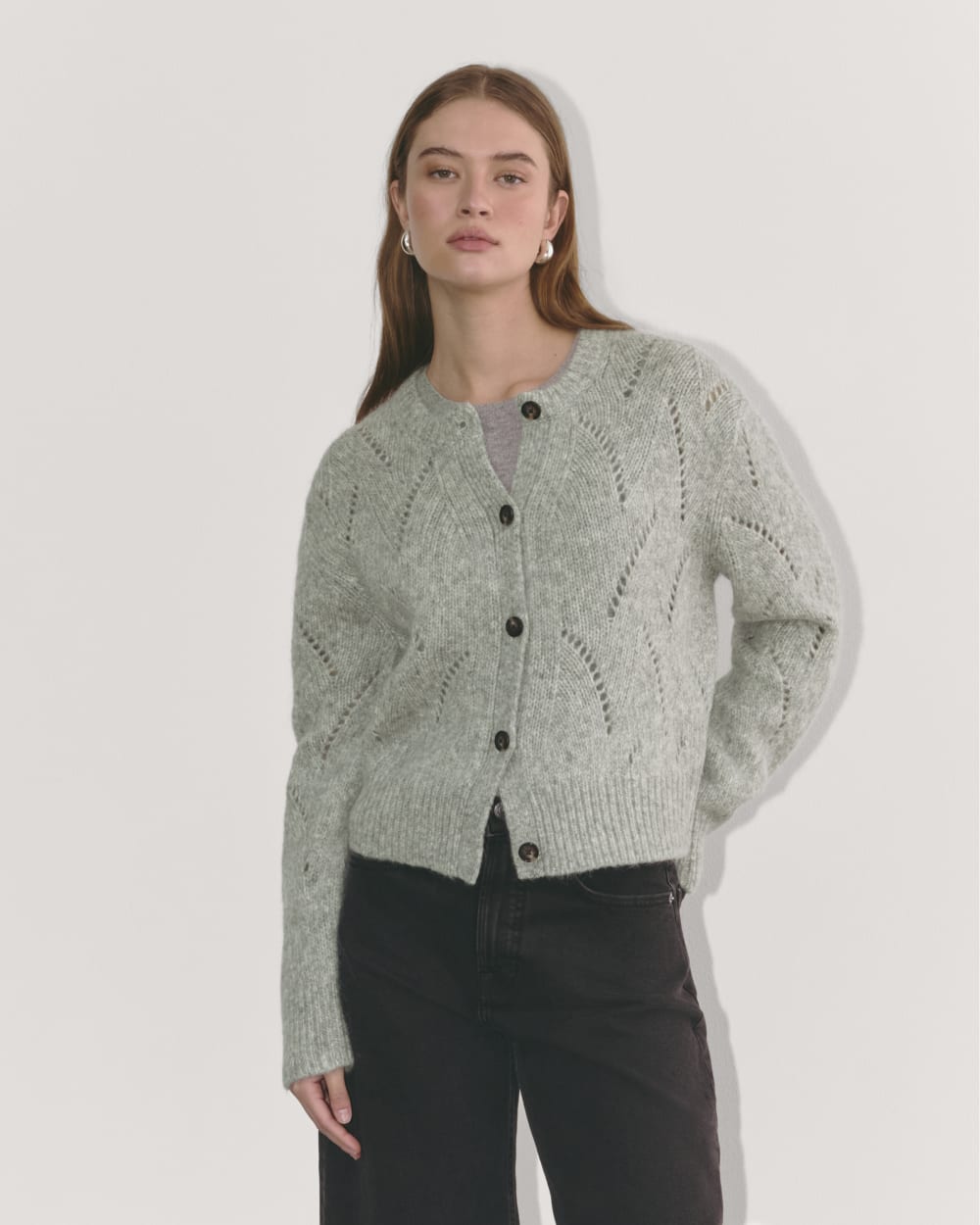The Pointelle Cardigan in Cloud in Heather Grey — front view