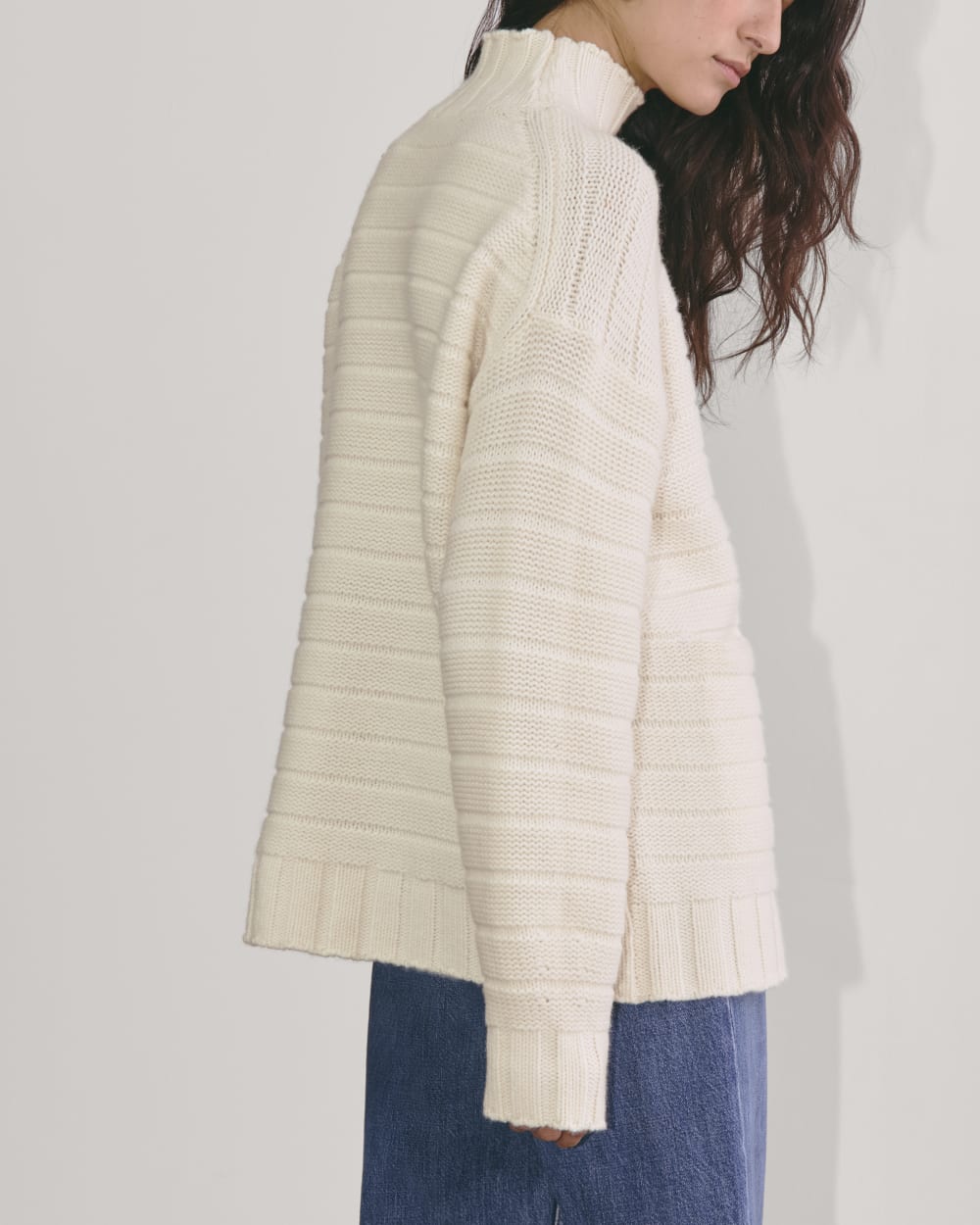 The Oversized Turtleneck in Luxe Merino in Bone — detail view