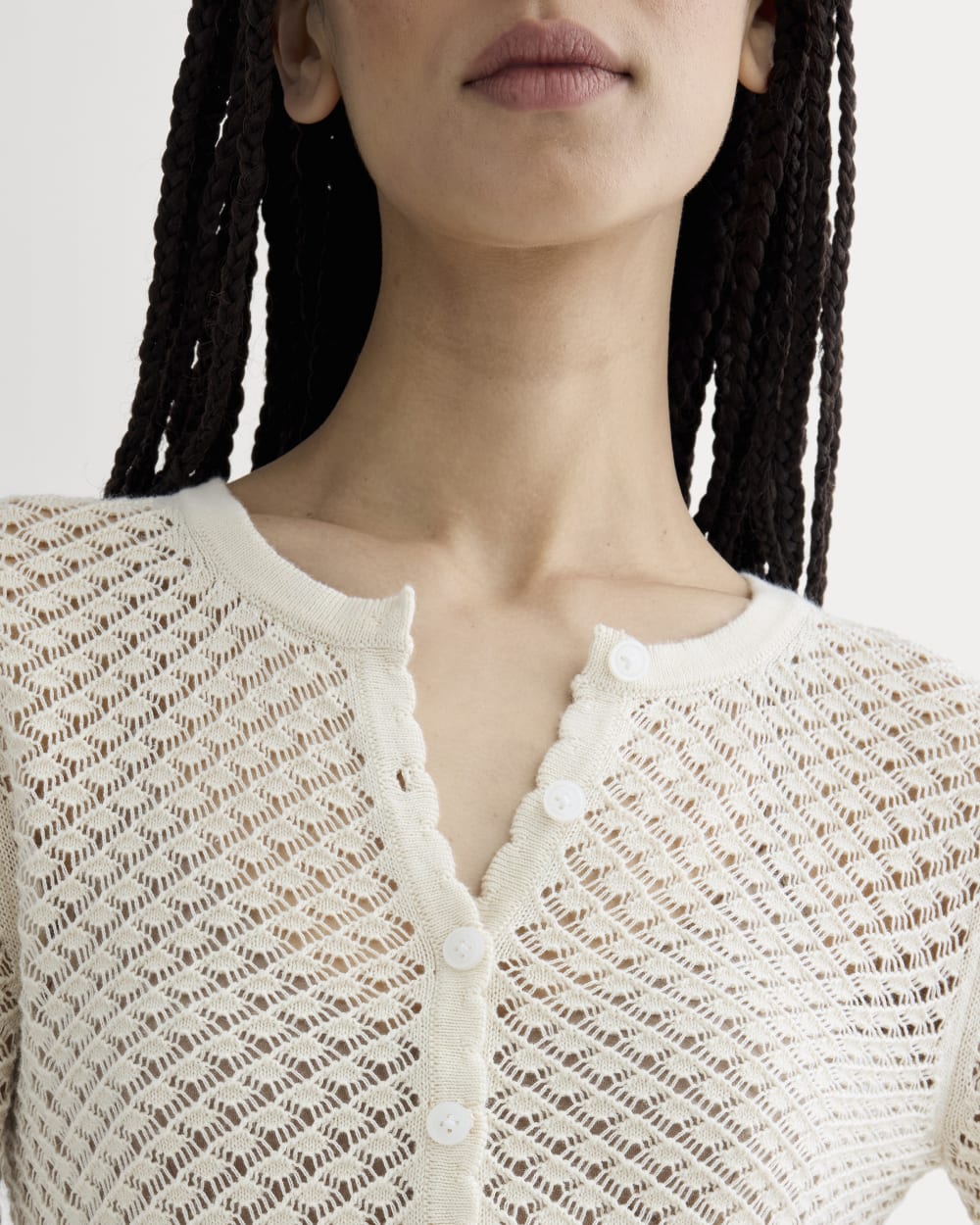The Lace Knit Cardigan in Birch — detail view