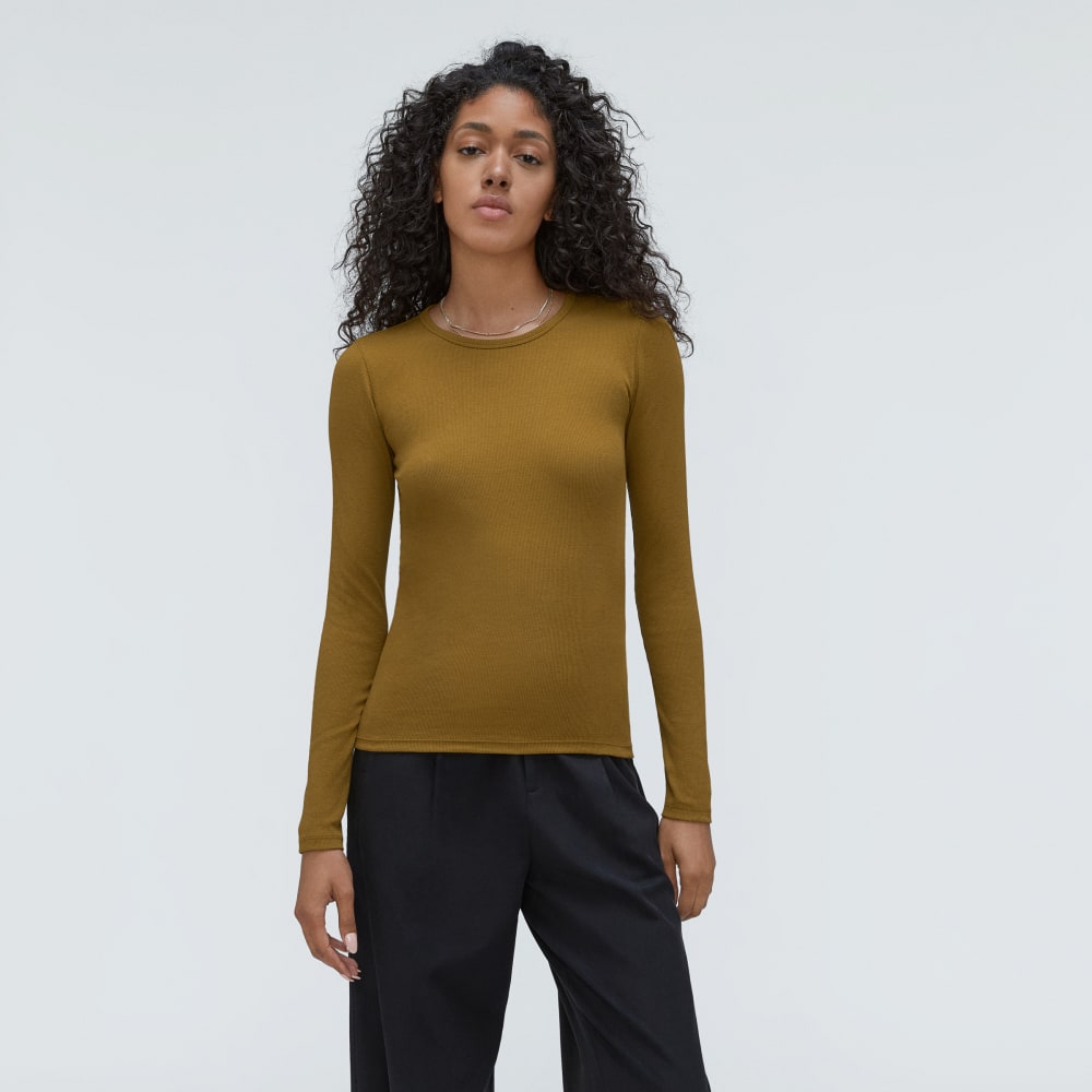 The Pima Micro-Rib Long-Sleeve Crew in Tapenade — front view
