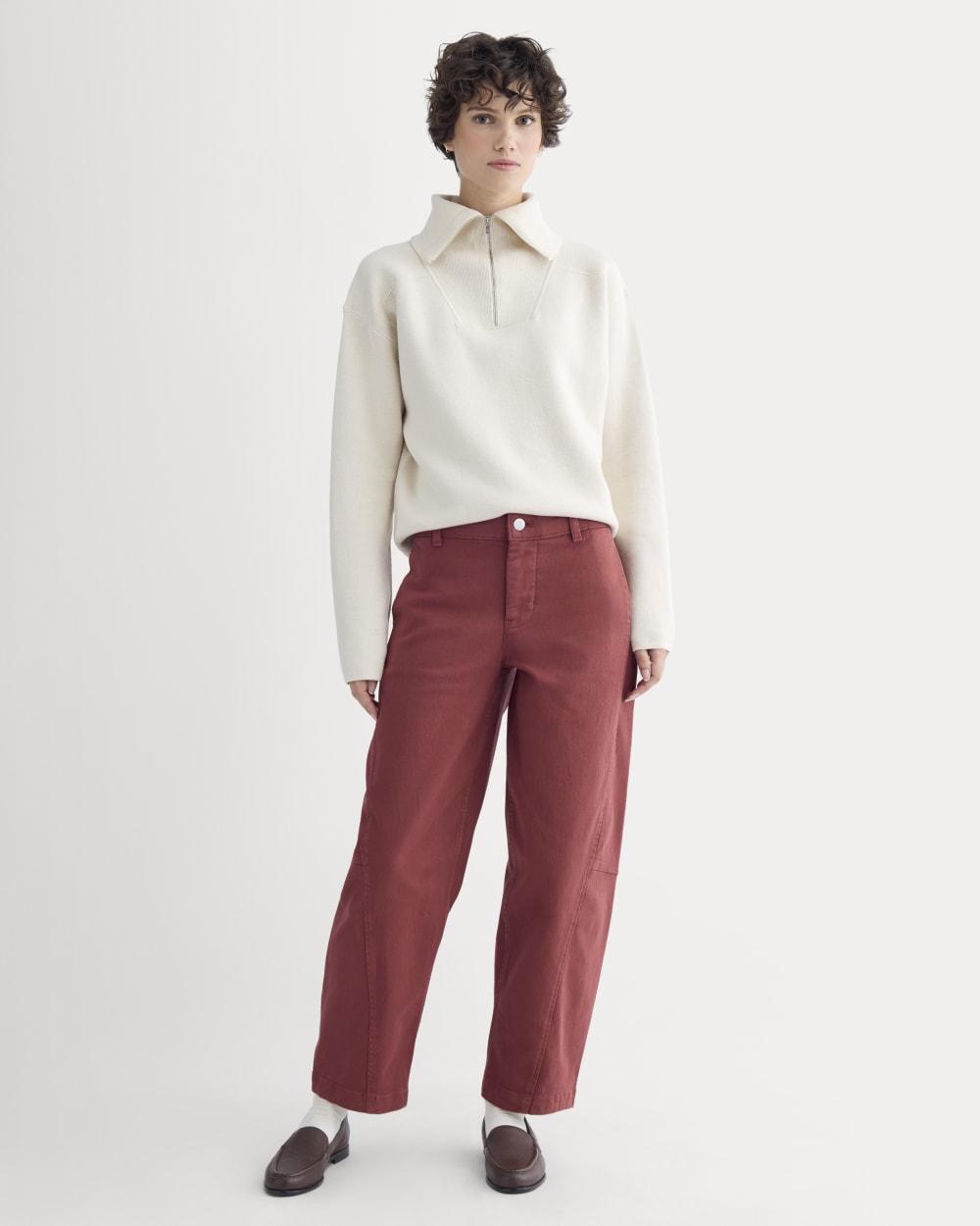 Twisted Seam Barrel Pant in Henna Red — detail view