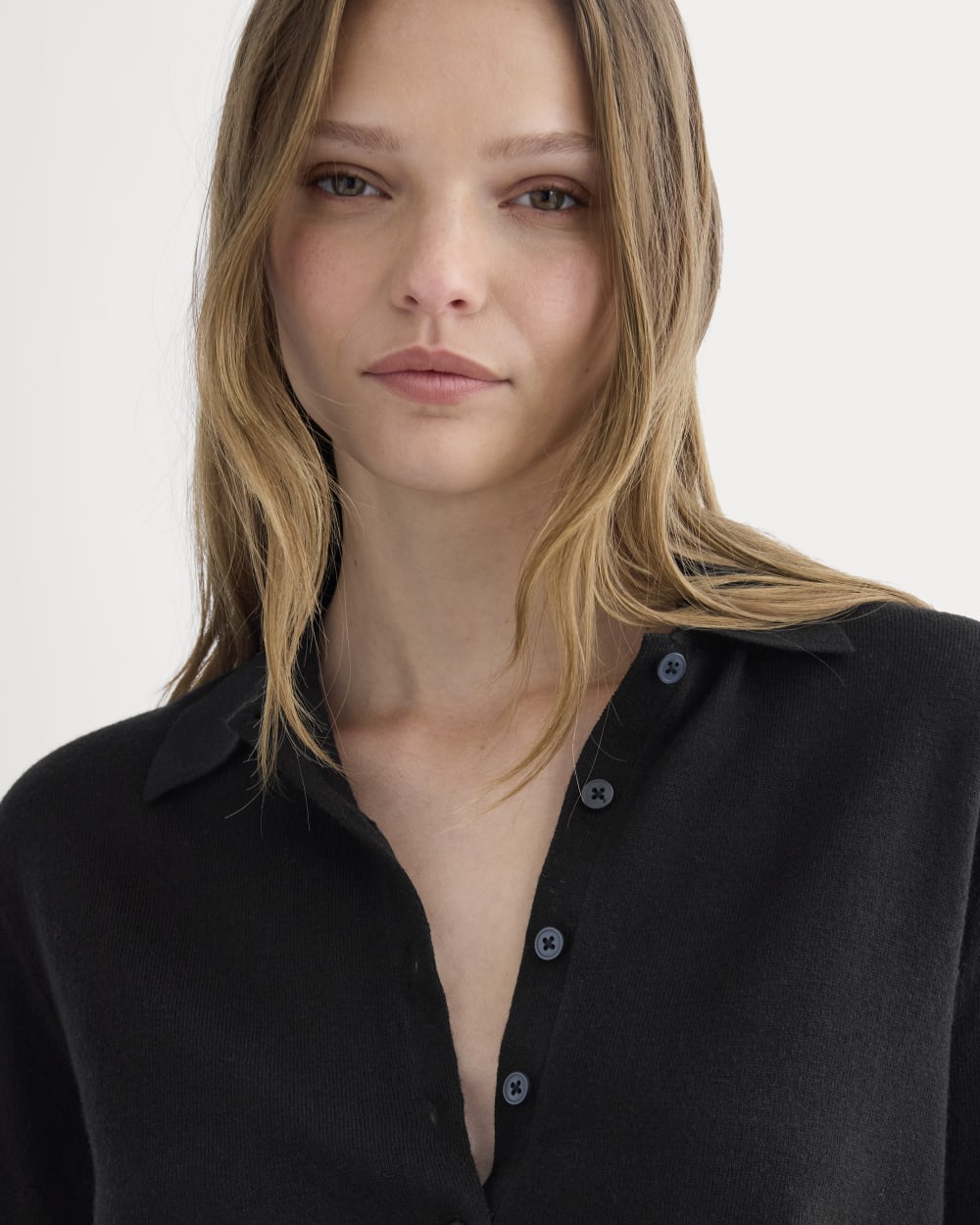 Oversized Polo Sweater in Cotton Merino in Black — detail view
