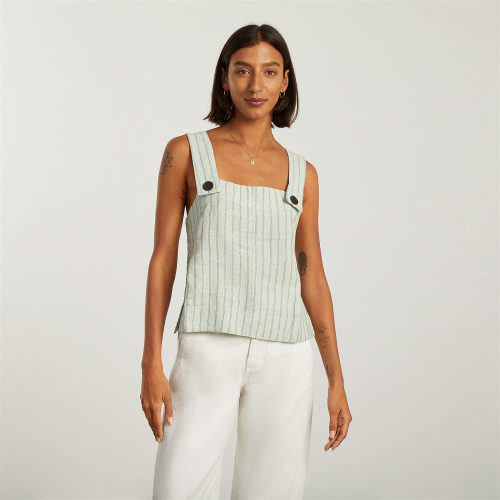 The Apron Linen Tank in Seafoam Pinstripe — alternate view
