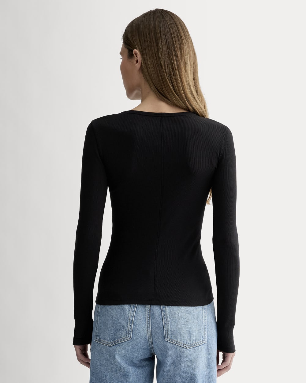 The Luxe Rib Long-Sleeve Crew in Black — detail view