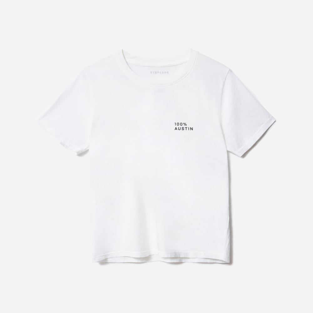 The 100% Austin Box-Cut Tee in White / Black — front view