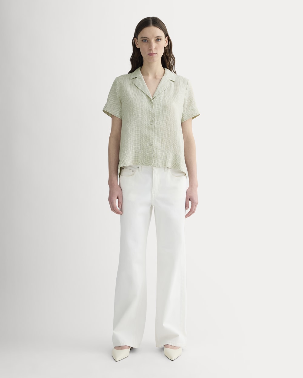 The Notch Shirt in Linen in Elm Gingham — detail view