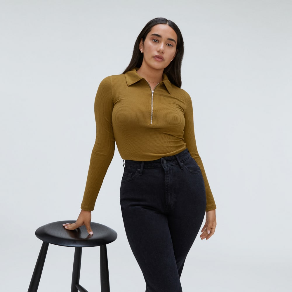 The Super-Soft Zip Polo in Tapenade — detail view
