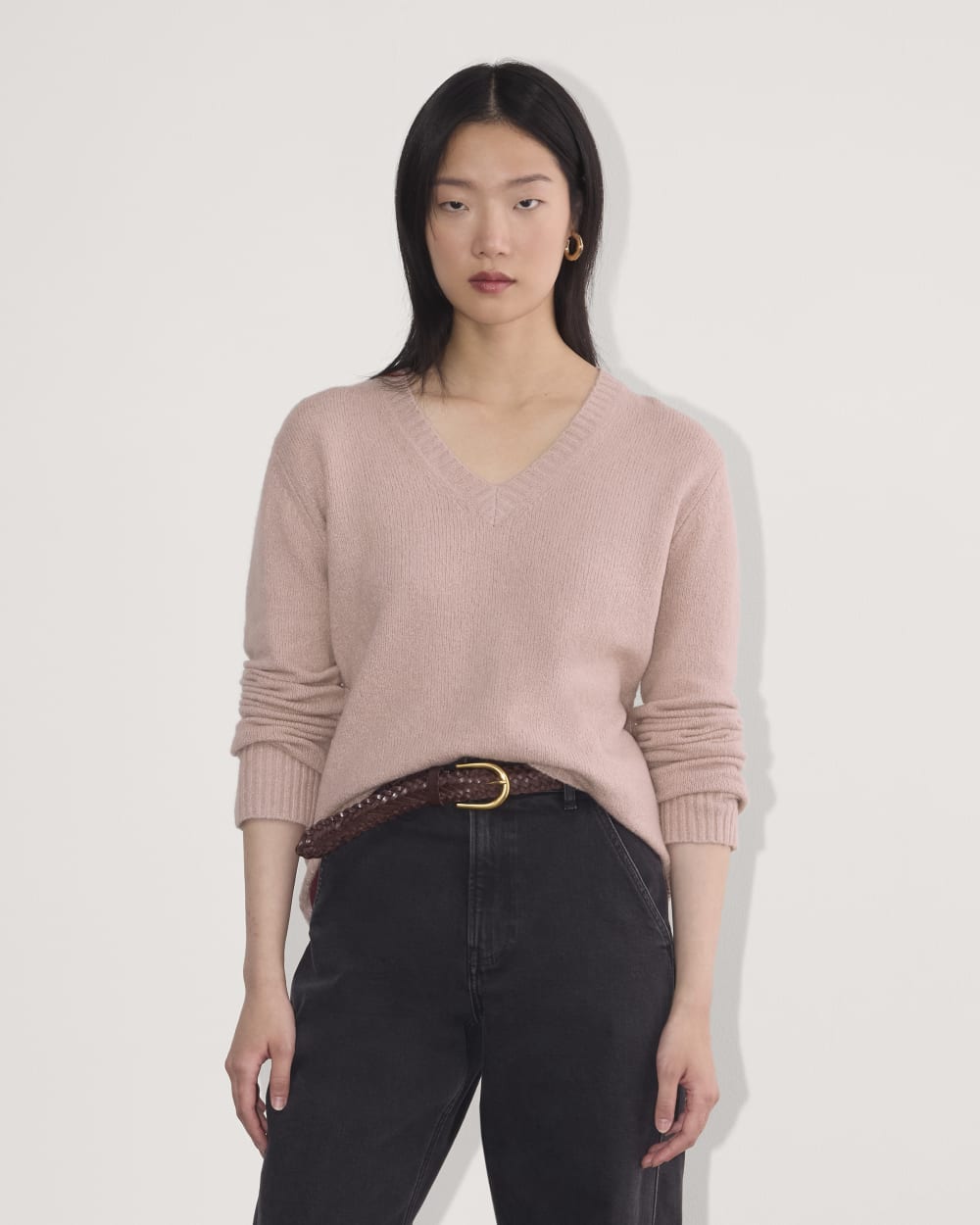 The V-Neck Sweater in Plush Cotton in Dusty Rose — front view