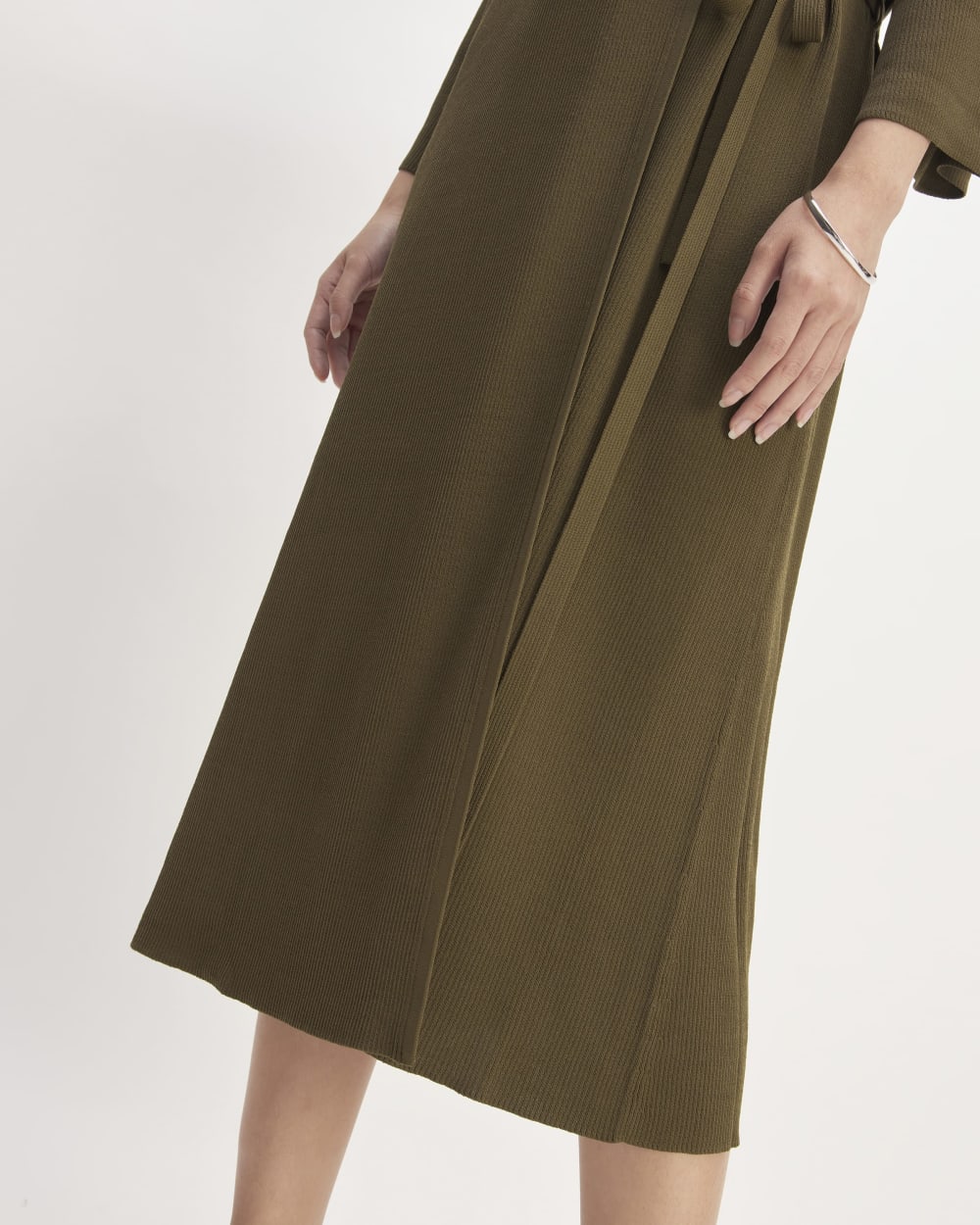 The Ribbed Wrap Midi Dress in Beech — detail view