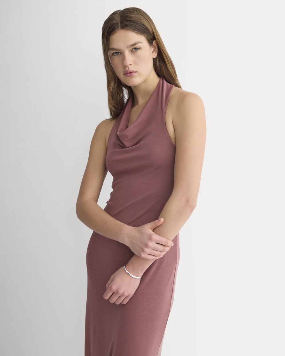 Cowlneck Halter Dress in Butterknit in Washed Henna — detail view