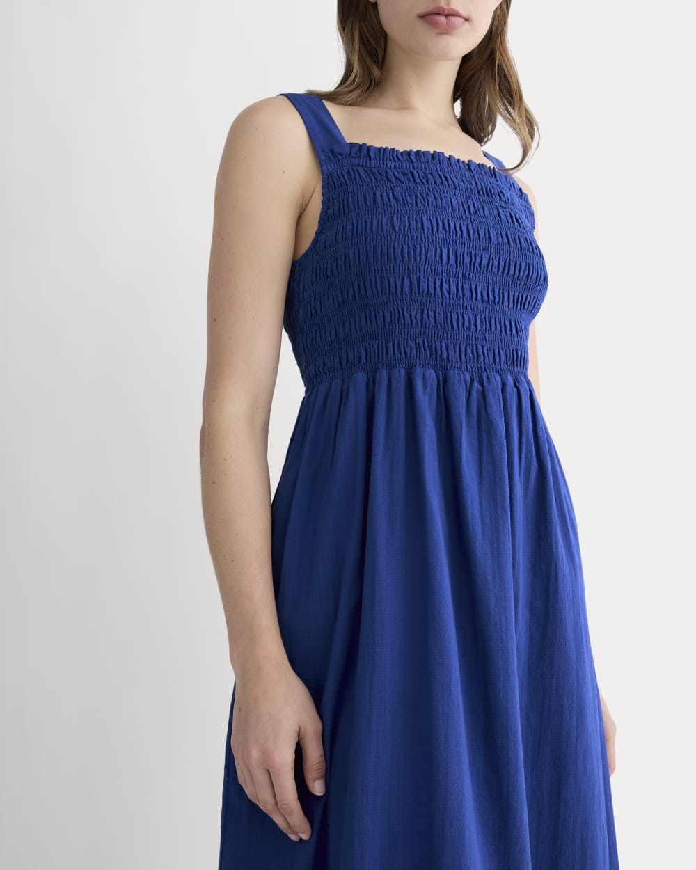 The Gauze Smock Dress in Mazarine Blue — detail view