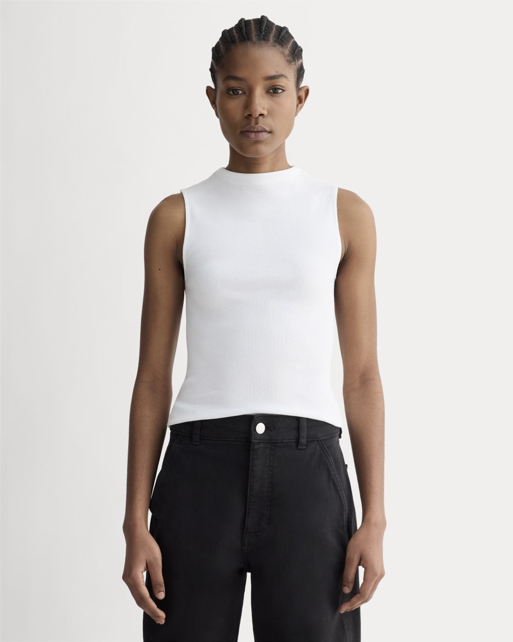The Luxe Rib Funnel-Neck Tank in White — front view