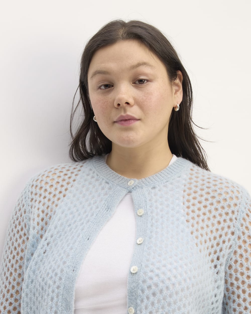 The Everlane x Marques' Almeida Alpaca Mesh Cardigan in Mist — detail view