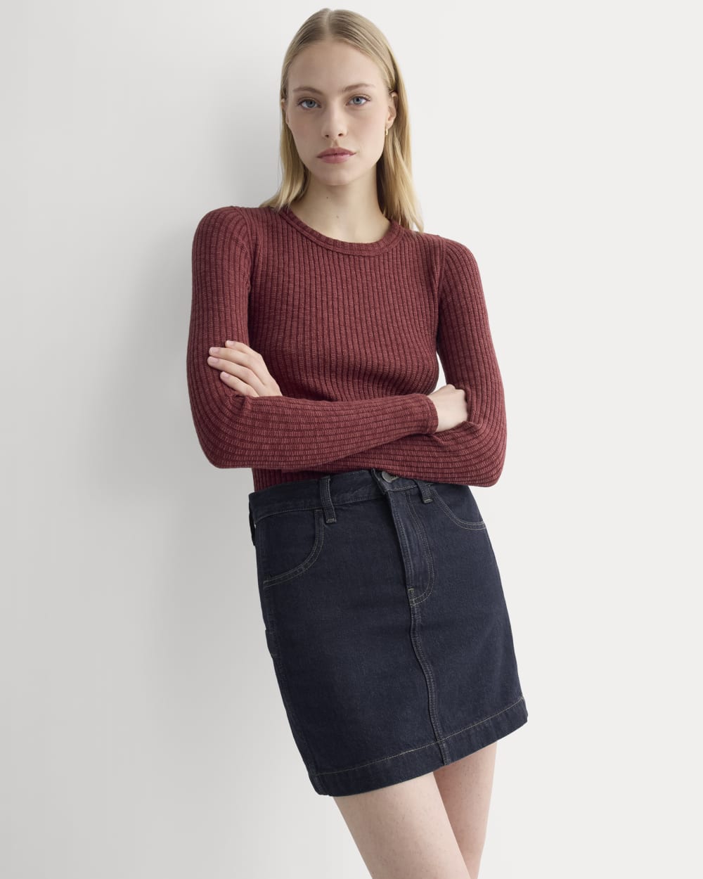 The Cozy Rib Long-Sleeve Tee in Pomegranate — detail view
