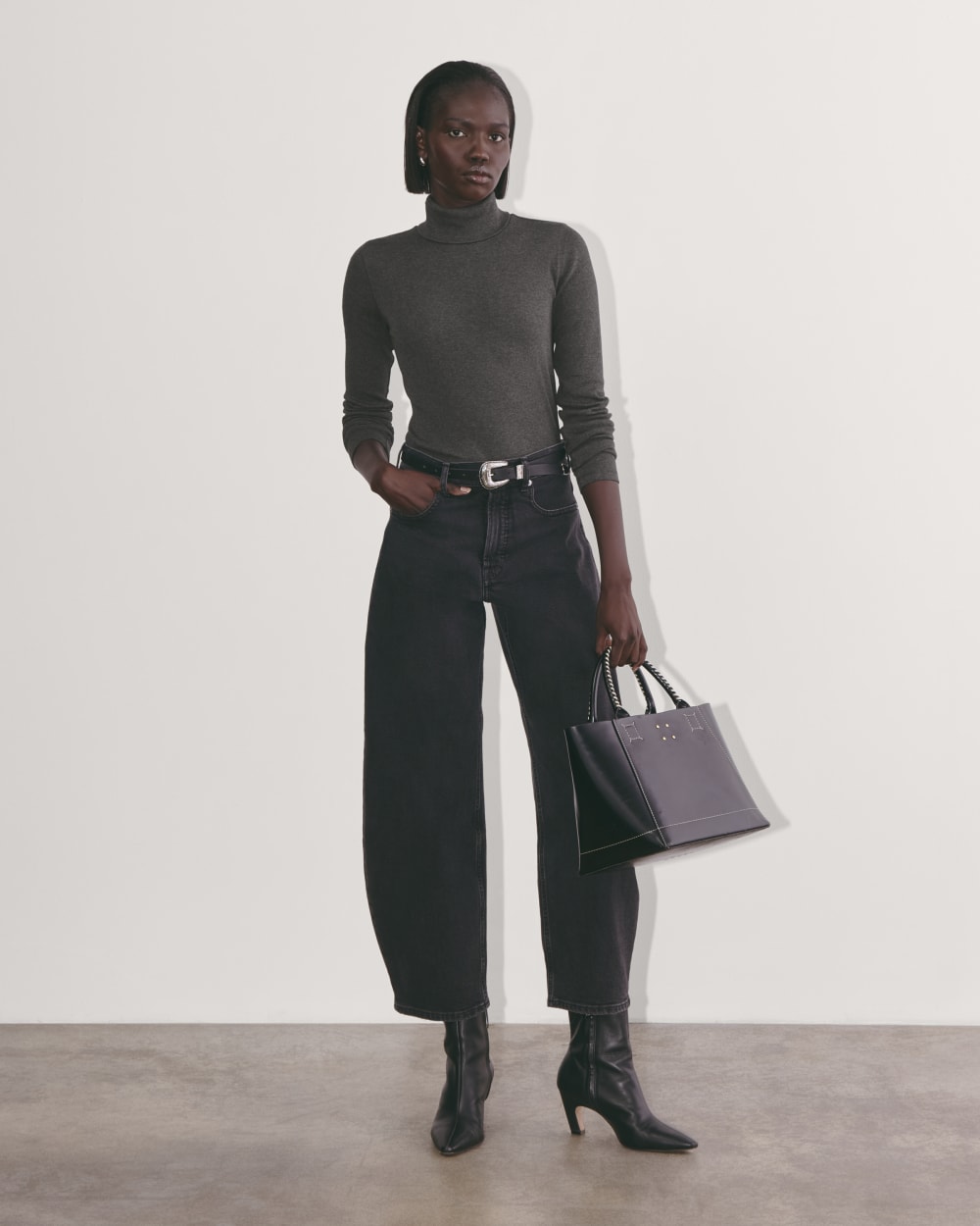 The Luxe Rib Turtleneck in Heathered Soot — detail view