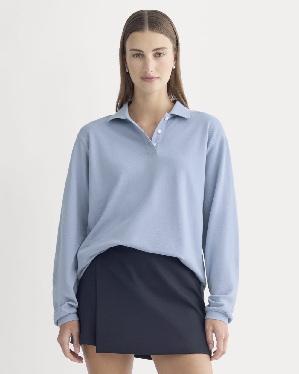Oversized Pique Polo in Soft Blue — front view