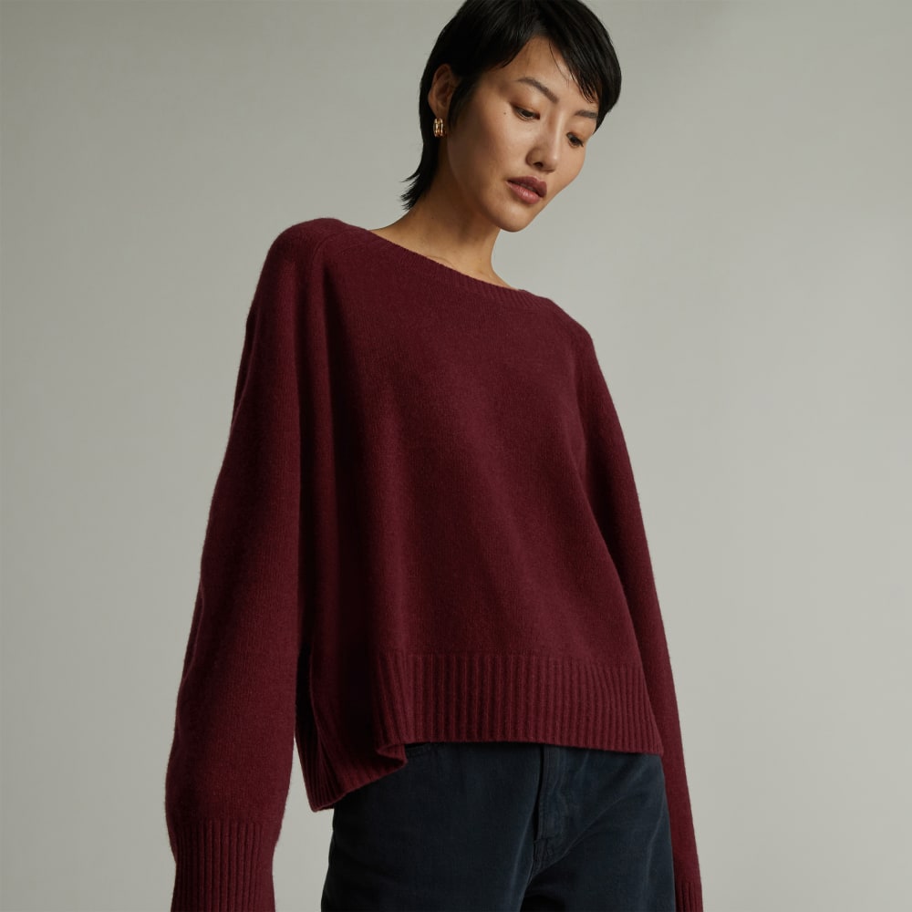 The Cashmere Boxy Crew in Tawny Port — front view