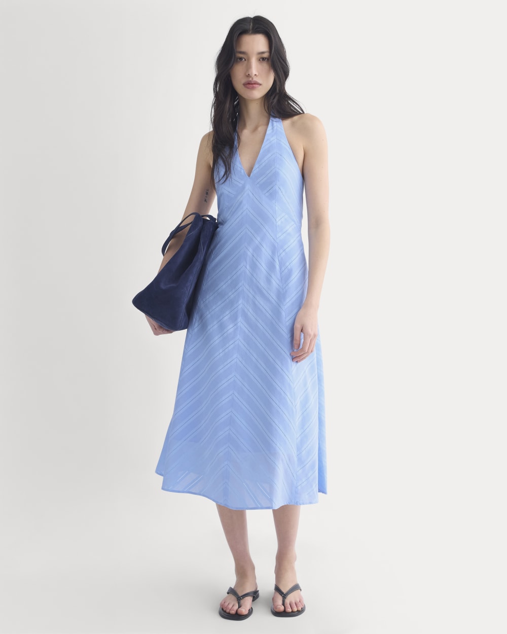 Textured Halter Midi Dress in Open Air Blue — front view