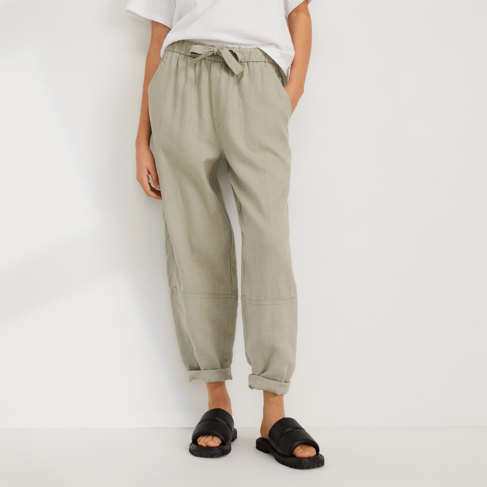 The Linen Pull-On Barrel Pant in Seagrass — front view