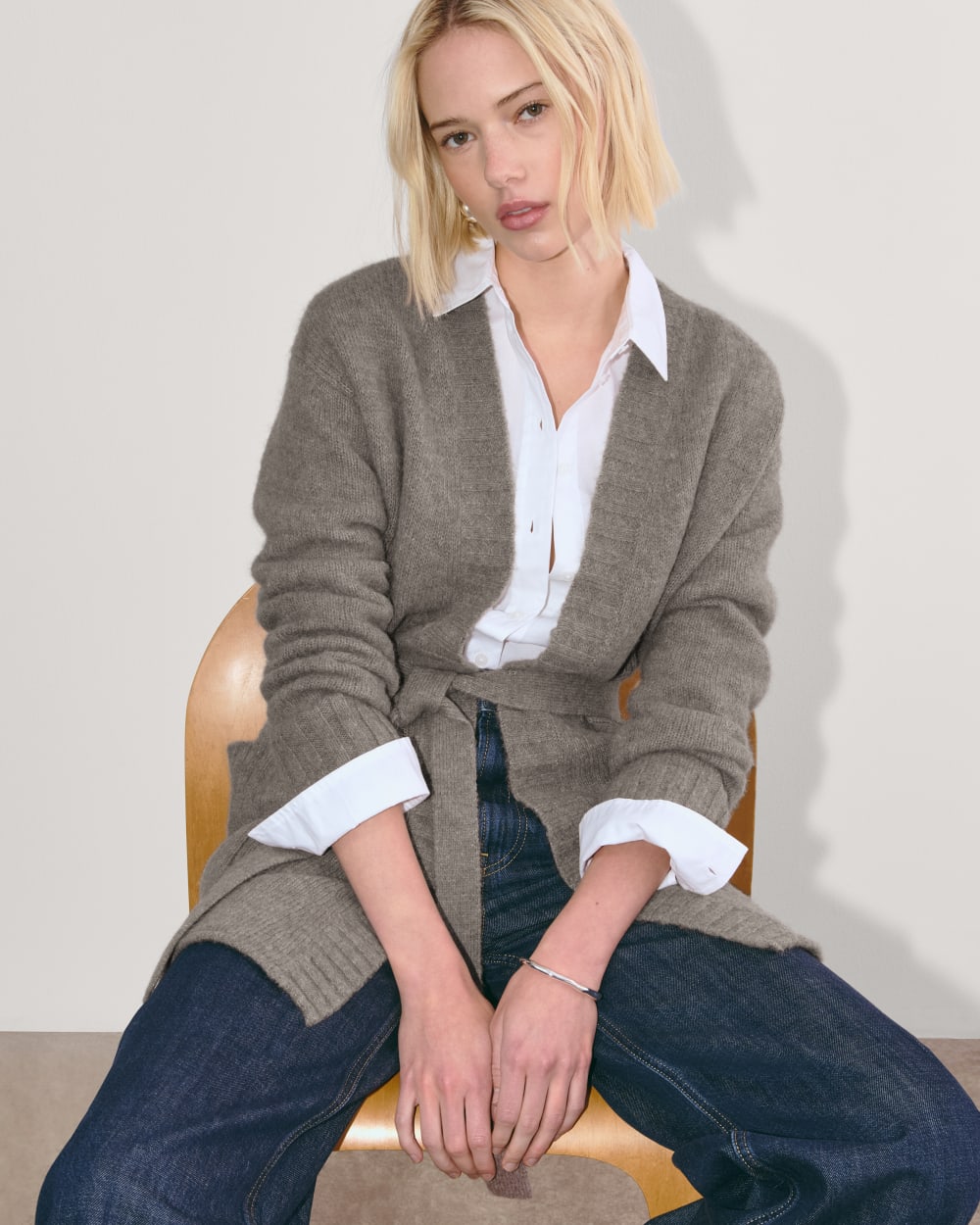 The Robe Cardigan in Alpaca in Taupe Melange — detail view