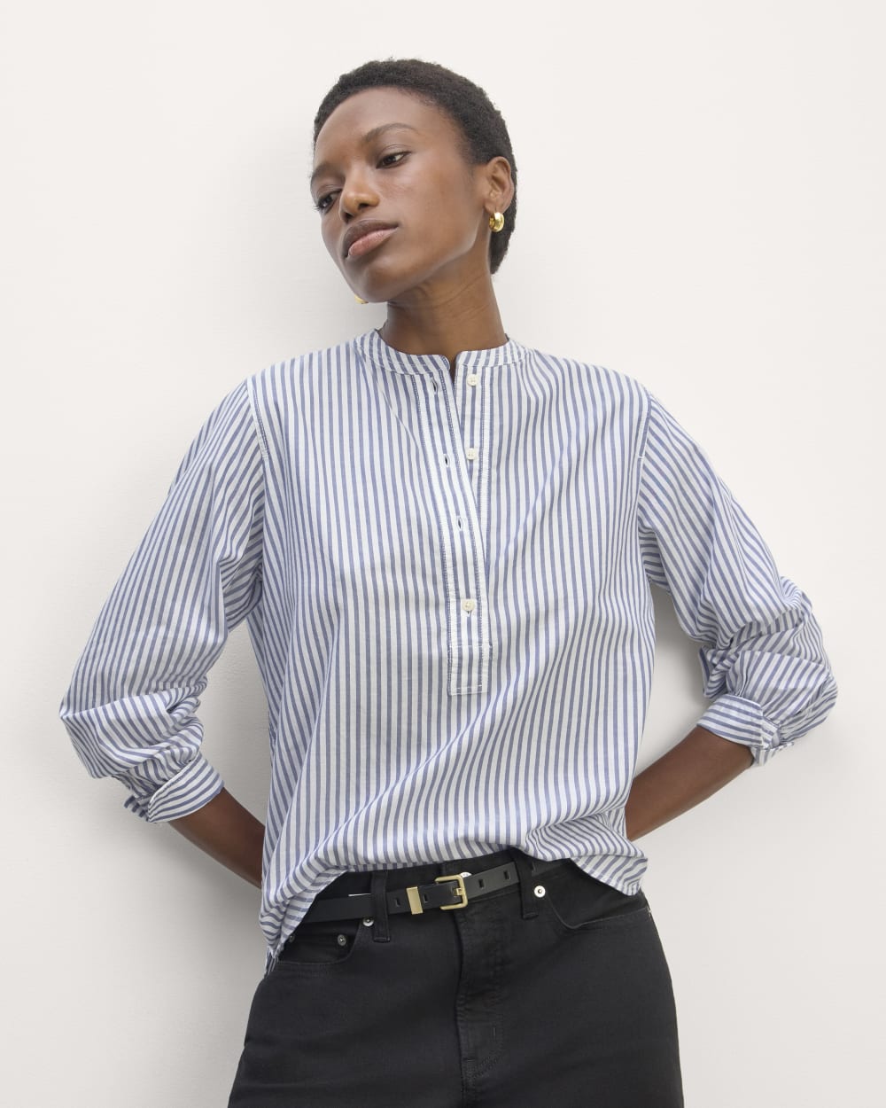 The Henley Shirt in Silky Cotton in White / Bellwether Blue — front view
