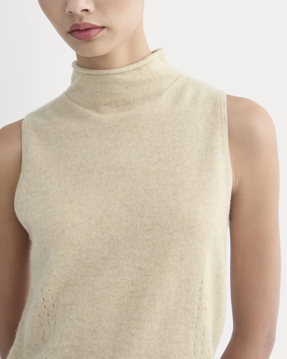 Cashmere Funnel-Neck Tank in Heather Light Camel — detail view