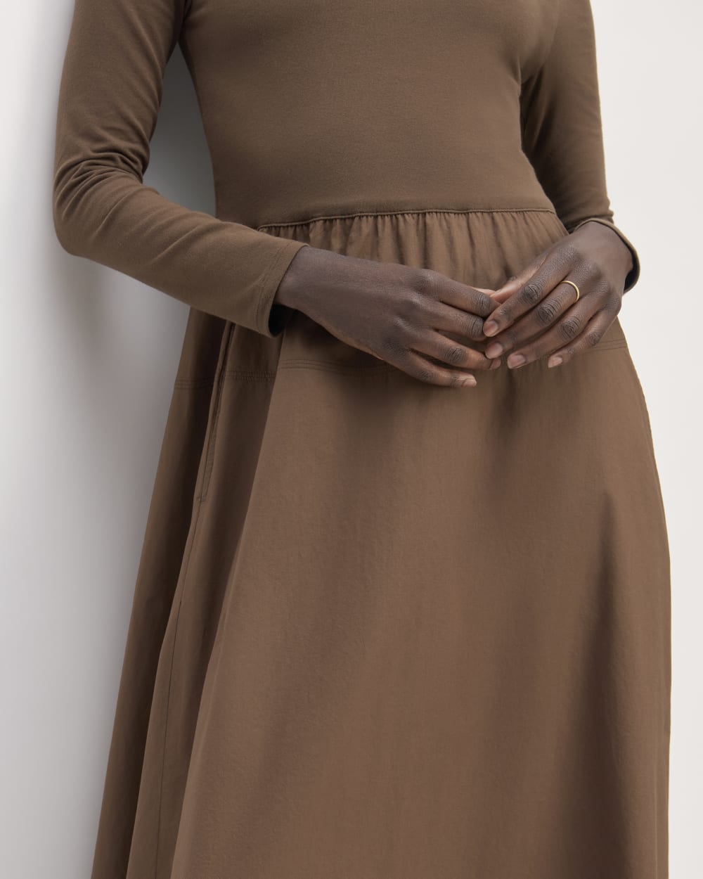 The Long-Sleeve Riviera Dress in Cocoa — detail view