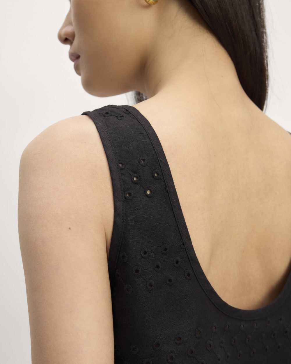 The Linen Eyelet Scoop-Neck Tank in Black Eyelet — detail view