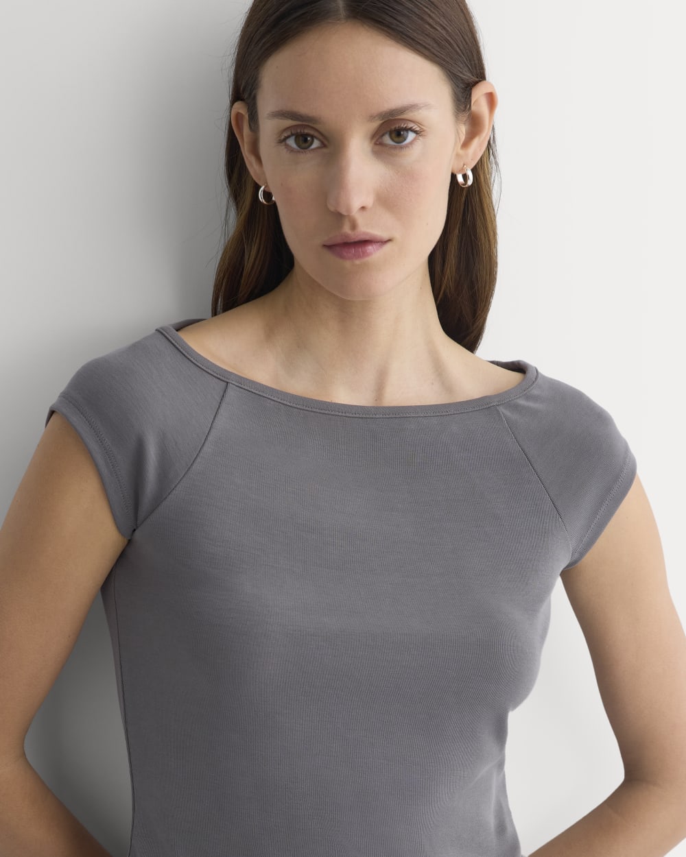 Boatneck Cap-Sleeve Top in Butterknit in Charcoal Grey — detail view