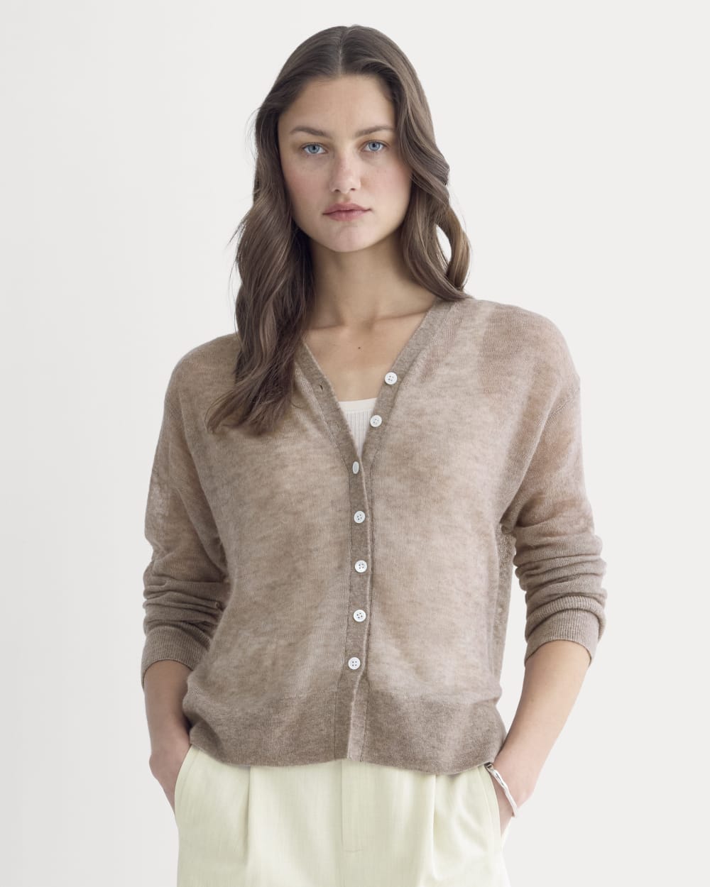 The Air Alpaca ™ High V Cardigan in Heathered Chocolate Chip — front view