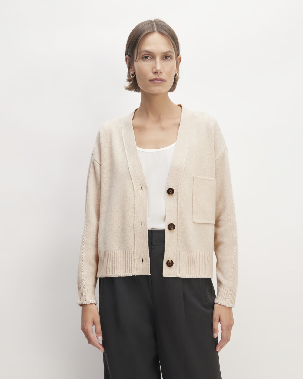 The Good Merino Wool Cardigan in Buttermilk / White — front view