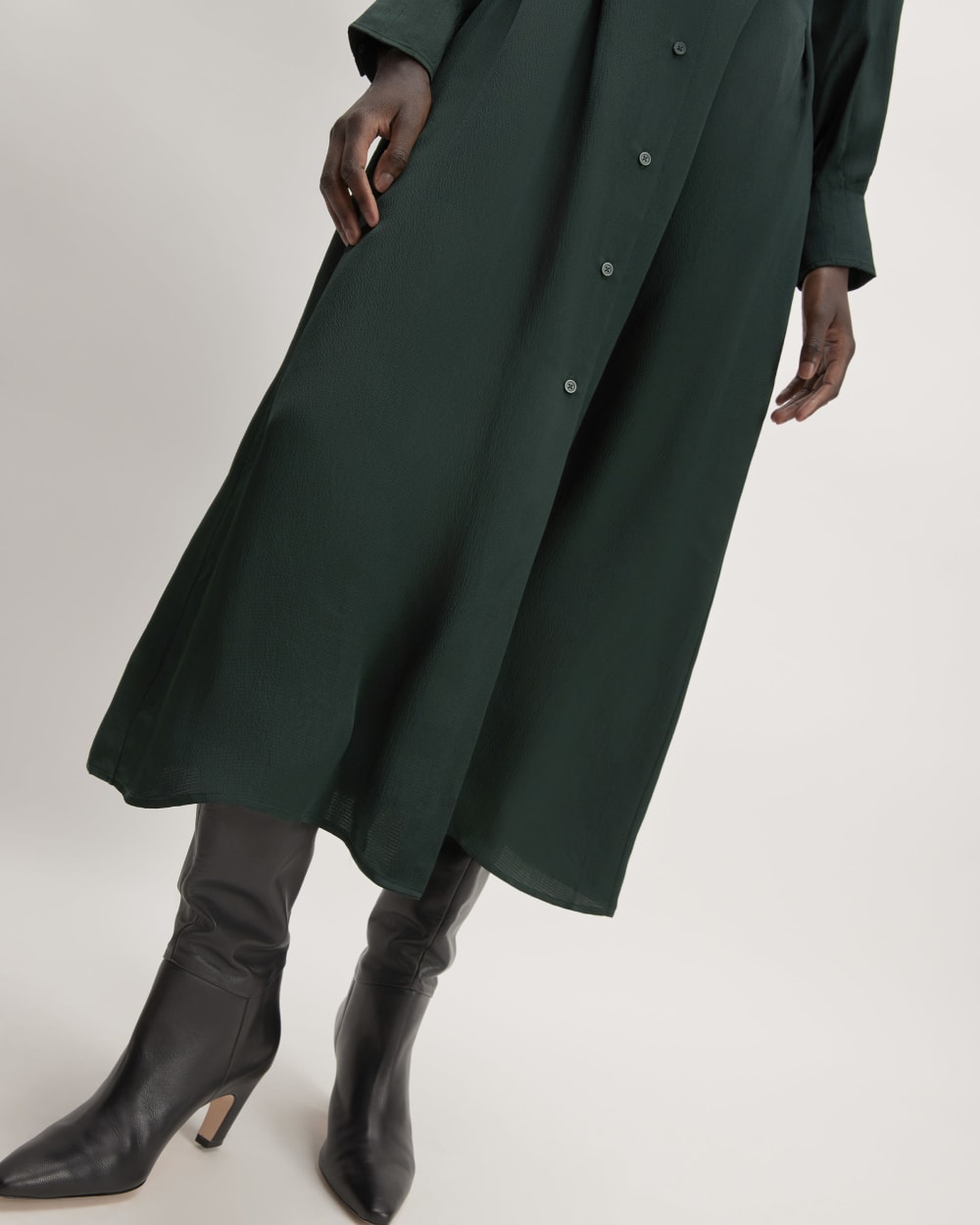 The Hammered Satin Shirt Dress in Scarab — detail view