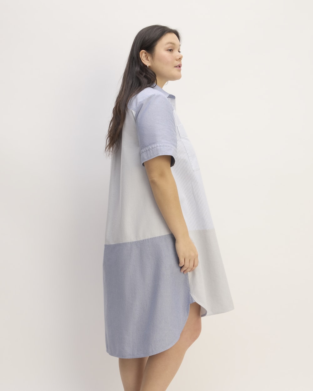 The Everlane x Marques' Almeida Patchwork Daytripper Dress in Blue Stripe Patchwork — detail view